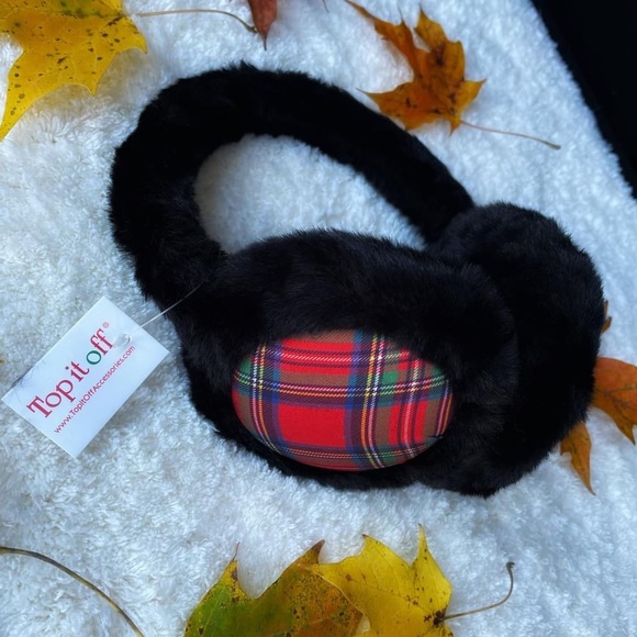 Faux Fur Earmuff: Red Tartan Plaid - Picture 2 of 3